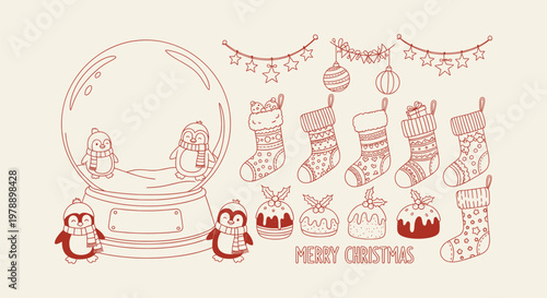 Cute Christmas doodle set featuring penguins snow globe festive stockings and winter holiday icons.