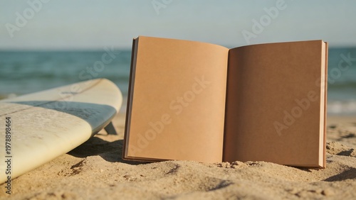 Open book and surfboard on sandy beach with ocean background
