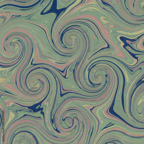 Vintage marbled paper background with abstract liquid swirls in green, navy blue and pink. Artistic fluid texture for book covers, scrapbooking, and creative graphic design.