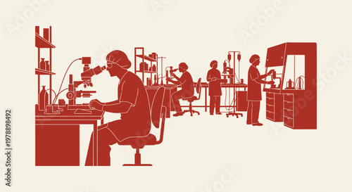 Vector illustration of professional scientists conducting medical research in a modern laboratory.