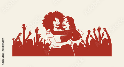 Two Joyful Young Women Embracing and Celebrating with a Crowd of People in Silhouette Vector Art.