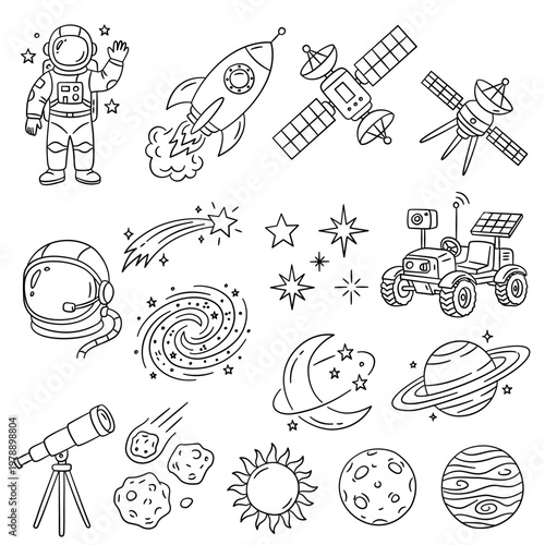 Space exploration icons set with astronaut, rocket, planets, and stars line art doodles