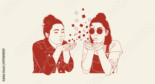 Two young women blowing geometric shapes and sparkles from their palms in minimalist line art style