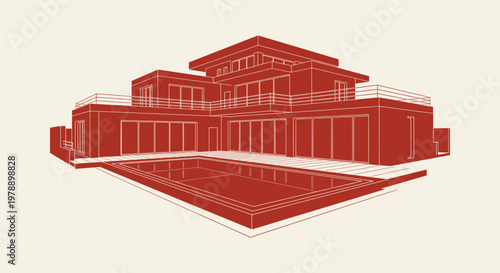 Modern Luxury House Architecture Design Illustration with Private Swimming Pool and Large Balcony