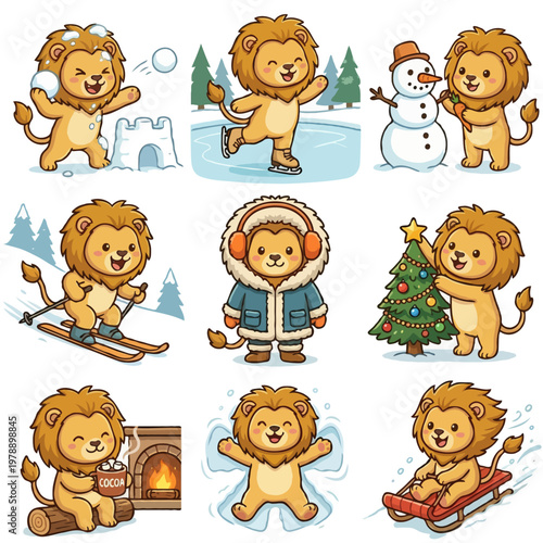 Set of 9 Cute Lion Characters - Kawaii Lion Snowball Fight, Ice Skating, Building Snowman, Skiing, Decorating Christmas Tree, Drinking Cocoa by Fire, Making Snow Angel, and Sledding - Vector Illustrat
