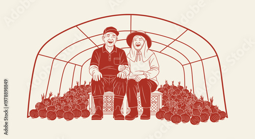 Happy Elderly Farmer Couple Laughing Together During Onion Harvest in Greenhouse Line Art Vector