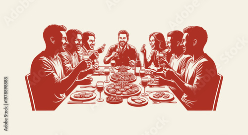 Illustration of a group of friends enjoying a dinner party with wine and tapas at a large table.