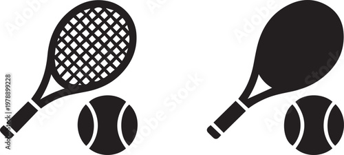 Tennis racket and ball icon set featuring solid black silhouette and detailed string mesh versions for sports equipment and competition