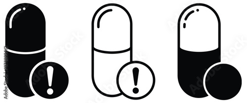Overdose icon set, medication overdose symbols, warning and addiction risk signs, overdose emergency icons, drug safety alerts, health hazard indicators, medical caution graphics