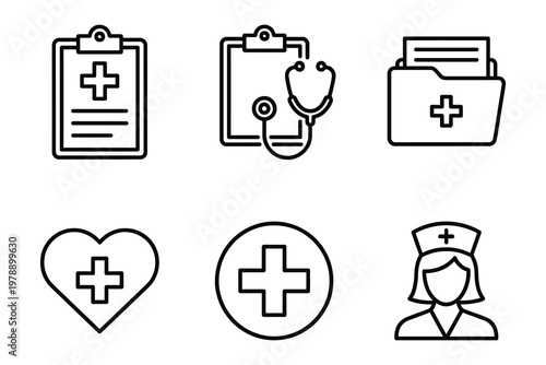 Medical icons: clipboard with cross stethoscope folder nurse line art health care medical icon personnel clipboard document stethoscope healthcare