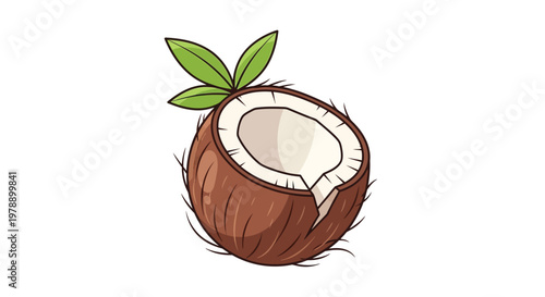 A colorful illustration depicts a halved coconut with a section missing showcasing its white flesh and green sprout