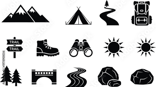 Collection of black and white outdoor hiking and camping adventure icons set on white background