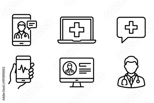 Medical icons: telemedicine health cross laptop doctor with telemedicine consultation smartphone diagnosis treatment medicine healthcare professional