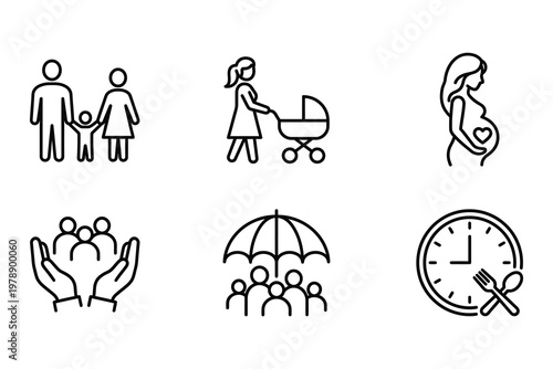 Family and community icons: pregnancy protection time management with pregnancy stroller community protection umbrella schedule illustration iconography