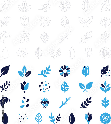 Collection of natural leaf icons and logos representing growth nature and eco-friendly themes.