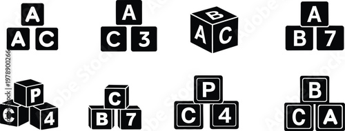Collection of simple black and white alphabet and number blocks in various arrangements