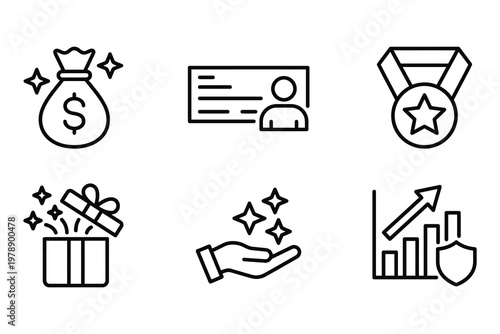 Business and finance icons: money bag id card award gift success with business identification surprise illustration iconography