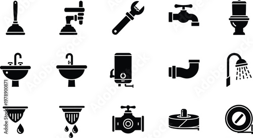 Set of black plumbing and sanitary icons for home repair and maintenance services