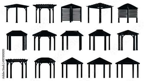 Black silhouettes of various gazebo and pergola designs on white background for architecture and landscaping reference