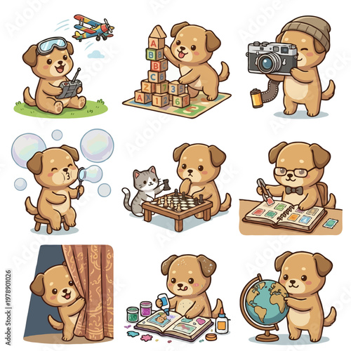 Set of 9 Cute Dog Characters - Kawaii Puppy Playing with RC Plane, Building Blocks, Film Photography, Blowing Bubbles, Playing Chess with Cat, Stamp Collecting, Hide and Seek, Scrapbooking, and Geogra