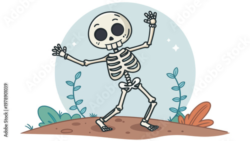 A cartoon skeleton dancing on a dirt patch with plants and a blue background