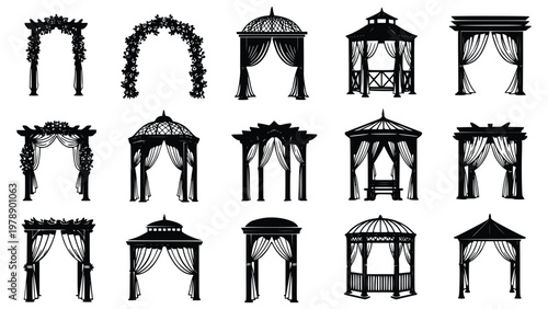 Various black silhouettes of decorated gazebos and arches for wedding or event decorations