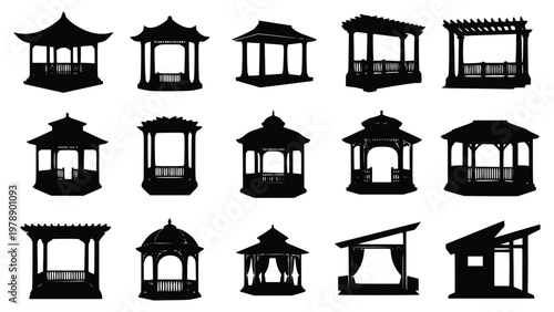 Black silhouettes of various gazebo and pergola structures