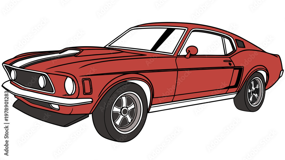 Fototapeta premium A vibrant red classic sports car with a white stripe is shown in a dynamic illustration.