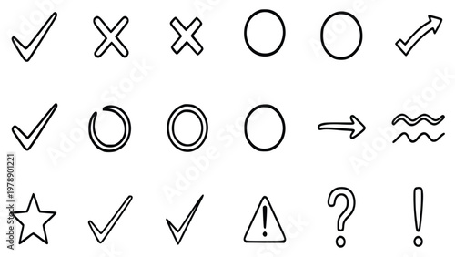 Various icons including checkmarks, circles, arrows, and warning symbols for user interface design and communication purposes easily