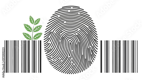 A unique illustration of a fingerprint and barcode with a green plant growing out of it