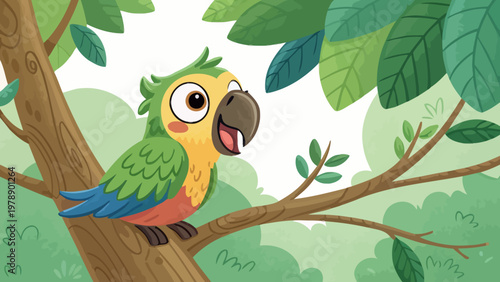 A colorful cartoon parrot perched on a tree branch in a lush green forest with vibrant leaves and a bright sky.
