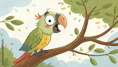 A cartoon parrot perched on a tree branch with a surprised expression