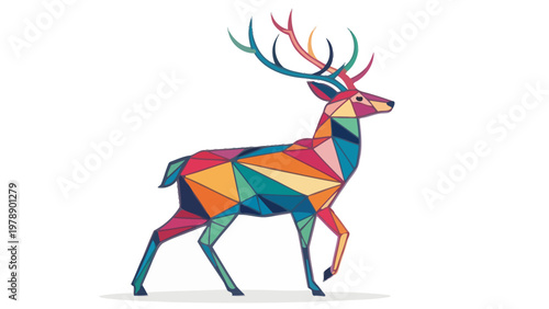 A colorful geometric deer with vibrant polygonal shapes on a white background