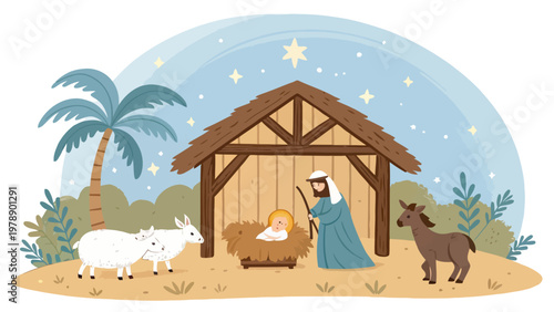 A serene illustration of a nativity scene with a manger, animals, and a starry night sky