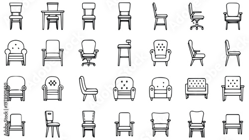 Various chair designs and styles are shown in simple line illustrations for use as icons or graphics in a design project work