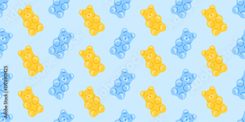 Seamless gummy bear pattern with blue and yellow jelly candies scattered on a light blue background. Sweet playful repeat for packaging, textiles, stationery, wrapping paper and nursery products.
