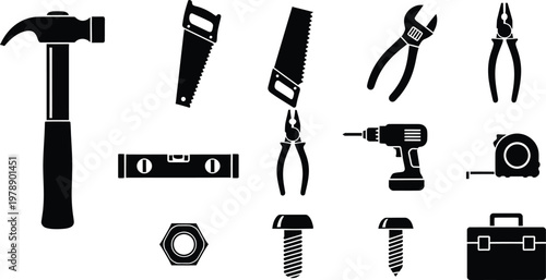 Various construction and repair tool icons set in black silhouette isolated on a white background.