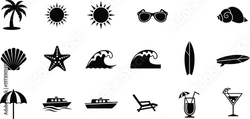 Collection of black and white beach and summer holiday icons isolated on white background.