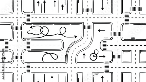 Black and white city street map with arrows and lanes