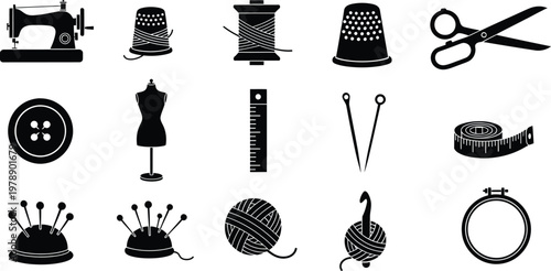 Set of black icons representing sewing and tailoring equipment on a white background.