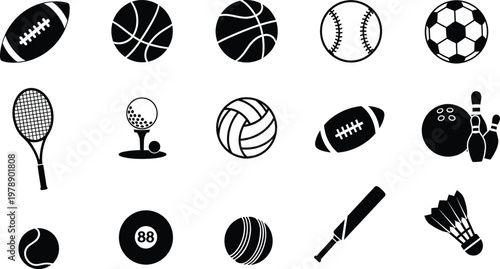 Collection of black and white sports equipment icons for various popular games and athletics.