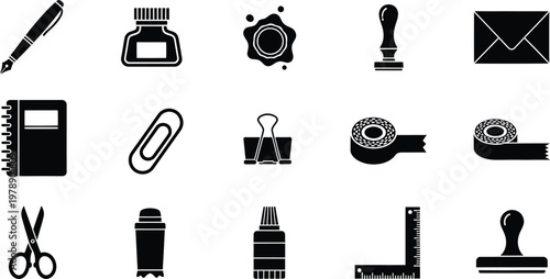Collection of fifteen black and white stationery and office supply icons on a plain white background