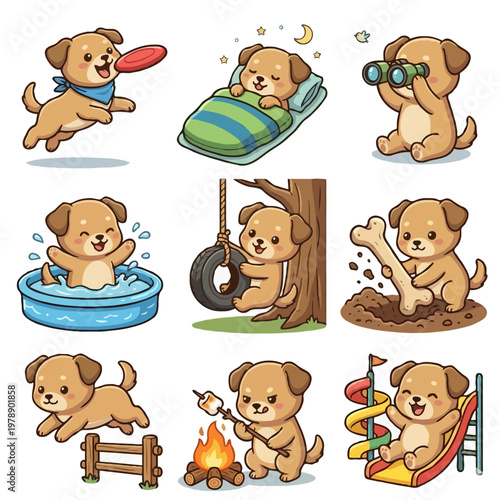 Set of 9 Cute Dog Characters - Kawaii Puppy Catching Frisbee, Sleeping, Birdwatching, Swimming in Pool, Tire Swing, Burying a Bone, Jumping Hurdles, Roasting Marshmallows, and Sliding - Illustration