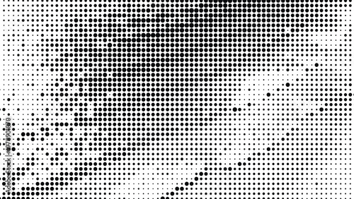 Complex arrangement of black dots scattered across a grayscale checkered texture creating a vibrant abstract background.