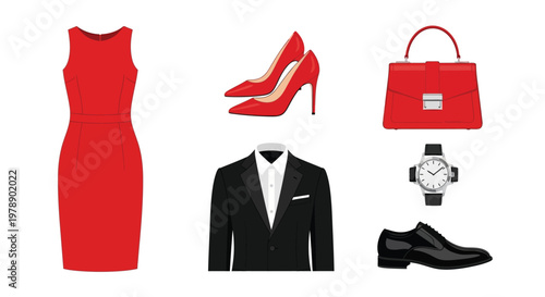 Red Dress High Heels Black Suit Accessories For Fashion And Business Concepts
