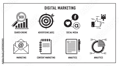 Digital Marketing Icons Set For Business Strategy And Online Advertising Concepts