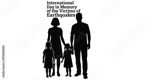 Silhouette of a family with text commemorating earthquake victims memorial day