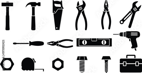 Collection of black silhouette icons representing various construction and repair hand tools.