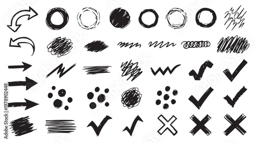Hand drawn checkmarks arrows and scribbles on white background for design elements