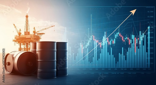 Crude oil barrels and offshore rig visualize rising prices and growth in energy market investments
